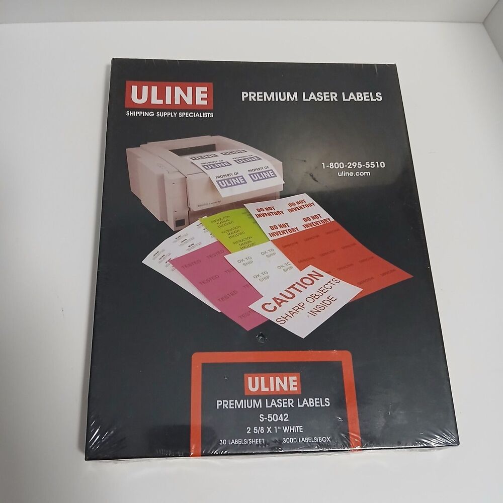 Uline S-5042 Laser Labels – 2 5/8" x 1" – 3000 White Labels – New